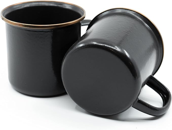 Barebones Enamel Cup Set- Enamel Coffee Mugs Set of 2 16-oz - Stainless Steel Rim Camping Mug for Indoor and Outdoor Use (Charcoal)