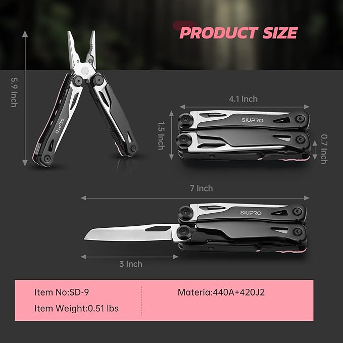 SIUPRO Multitool Pocket Knife for Men, Women, Tactical Multi Tool with Pliers, Saw, Screwdriver, All Self-Locking, Survival Gear With Clip and Pouch for Camping, Gifts Idea, Pink