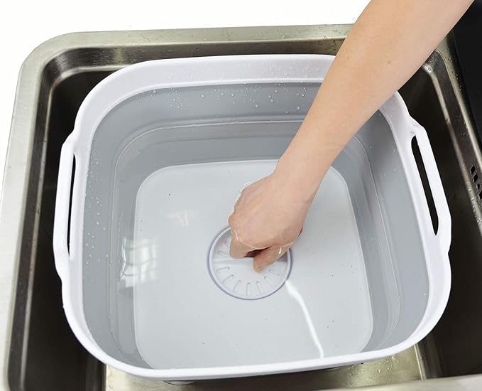 SAMMART 10L (2.64 gallon) Collapsible Dishpan with Draining Plug - Foldable Washing Basin - Portable Dish Washing Tub - Space Saving Kitchen Storage Tray (1, White/Grey)