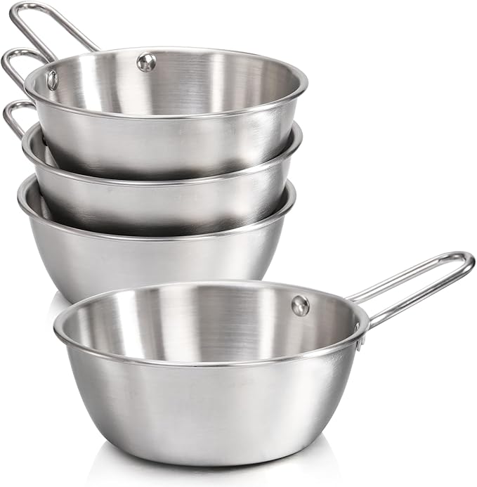 4 Pack Korean Traditional Wine Bowls, 20 Oz Stainless Steel Makgeolli Bowls with Handle, Round Rice Bowl Camp Wine Cup, Silver Hiking Soup Dish for Picnic, Dinner Party
