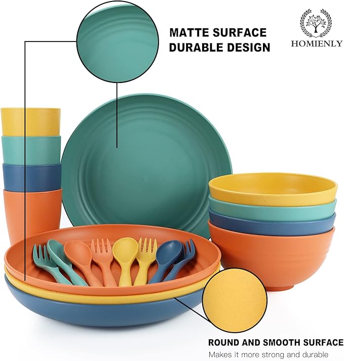 Homienly Wheat Straw Plates and Bowls Sets Unbreakable Dinnerware Set 20 PCS Dish Set for Camping, Party, Picnic Microwave and Dishwasher Safe Kitchen Dinner Set Apartment Essentials (Multicolor)