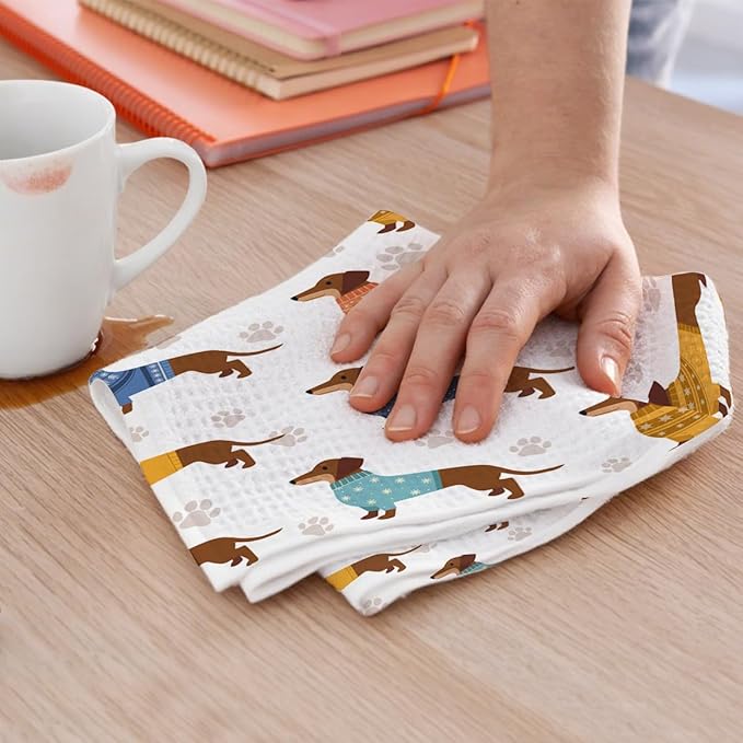 2PCS Cute Dachshund Kitchen Towels, Dog Mom Gifts for Women Reusable Absorbent Waffle Weave Dish Tea Towels for Cleaning, Microfiber Kitchen Towel, Weiner Dog Gifts for Women Dogs Lovers Friend