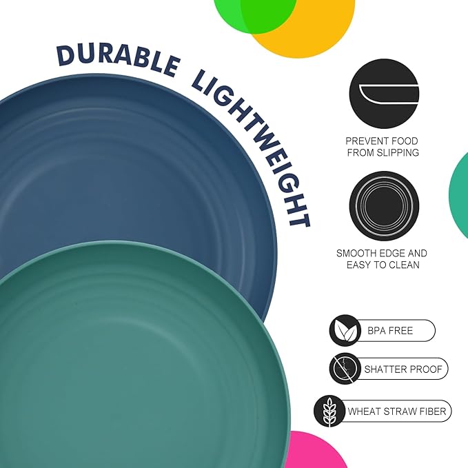 Homienly Deep Dinner Plates Set of 8 Alternative for Plastic Plates Microwave and Dishwasher Safe Wheat Straw Plates for Kitchen Unbreakable Kids Plate Set with 4 Colors (Classic Bright, 9 inch)