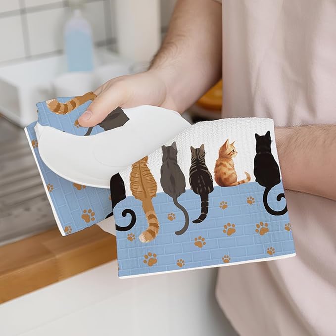 2PCS Cute Cat Kitchen Towels, Cats Paw Print Themed Gifts Reusable Absorbent Waffle Weave Dish Tea Towels for Cleaning Cooking, Cat Lovers Gifts for Women Microfiber Kitchen Towel, Housewarming Gift