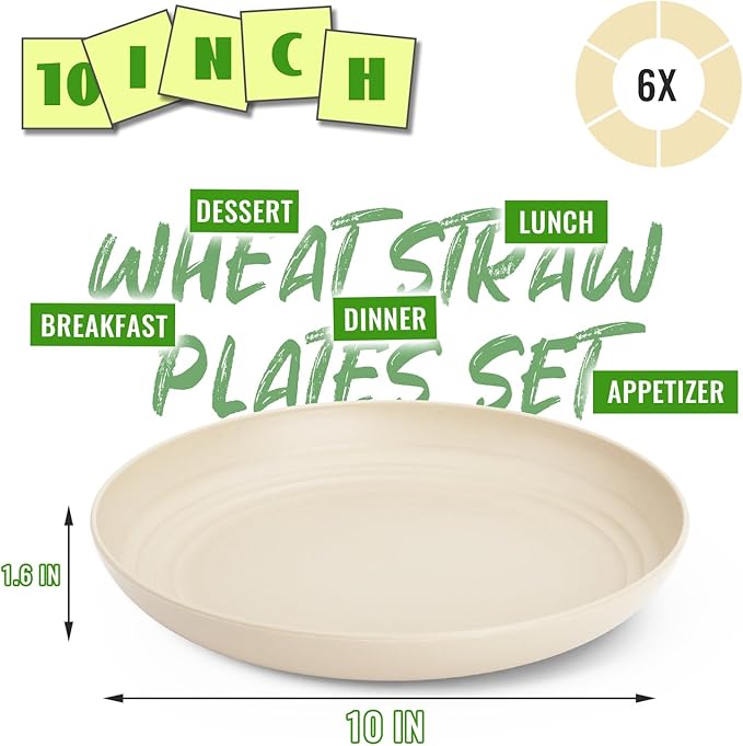 Wheat Straw Dinner Plates 6-Piece Set, 10 Inch Unbreakable Deep Plates, BPA-Free Reusable Plastic Plates, Microwave and Dishwasher Safe for Family, Kitchen, Beige
