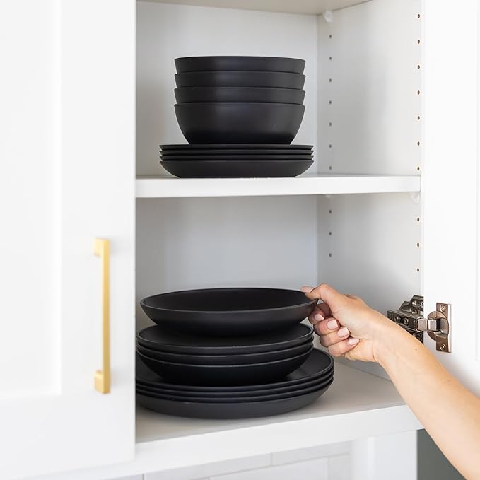 Grow Forward Premium Wheat Straw Pasta Bowls - 30oz Unbreakable Wide & Shallow Dinner Plate Bowls Set of 6 - Microwave Safe Reusable Plastic Pasta Bowls for Kids, Adults, Salad, Camping, RV - Midnight