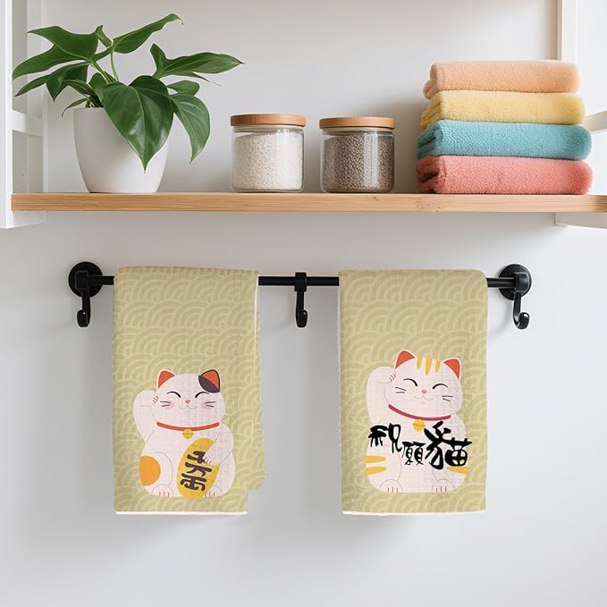 2PCS Cute Lucky Cat Kitchen Towels, Waving Cat Themed Gifts Waffle Weave Dish Tea Towels for Bathroom, Cats Lovers Gifts for Women Microfiber Kitchen Towel, Housewarming Gift