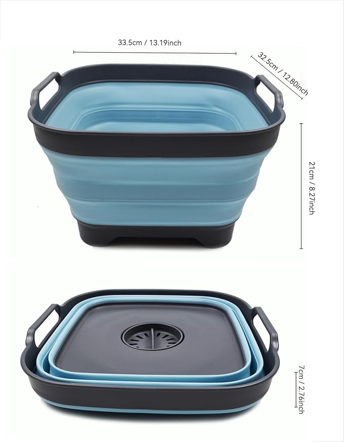 SAMMART 10L (2.64 Gallon) Collapsible Dishpan with Draining Plug - Foldable Washing Basin - Portable Dish Washing Tub - Space Saving Kitchen Storage Tray (2, Grey/Sea Angel)