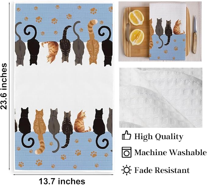 2PCS Cute Cat Kitchen Towels, Cats Paw Print Themed Gifts Reusable Absorbent Waffle Weave Dish Tea Towels for Cleaning Cooking, Cat Lovers Gifts for Women Microfiber Kitchen Towel, Housewarming Gift