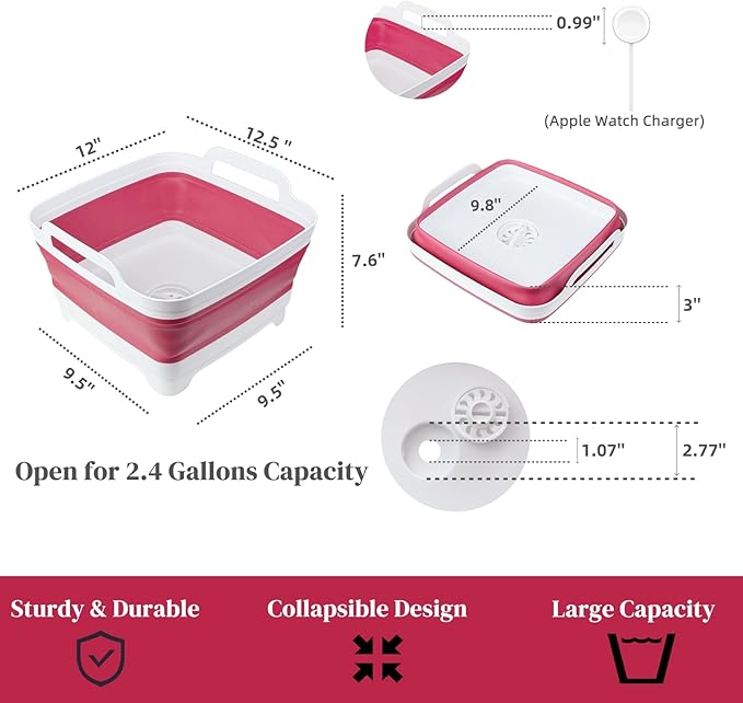 GIMWA Collapsible Wash Basin for Baby Bottles - 2.4 Gallons Portable Dish Basin for RV Camping Sink, Space-Saving Dish Tub For Bottle Washing (Viva Magenta)