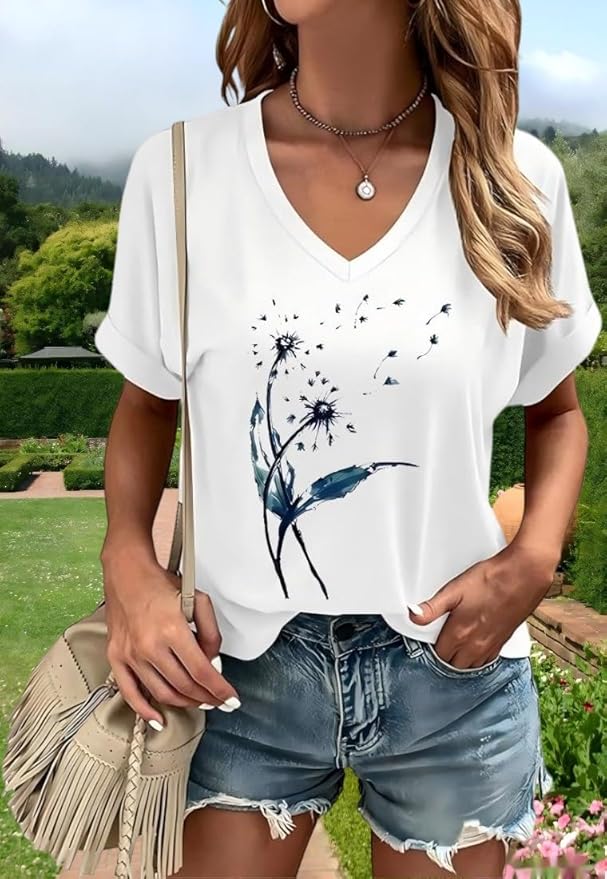 Graphic V Neck Shirt for Women Boho Floral Wildflowers Tee Casual Cottagecore Summer T-Shirt Blouse