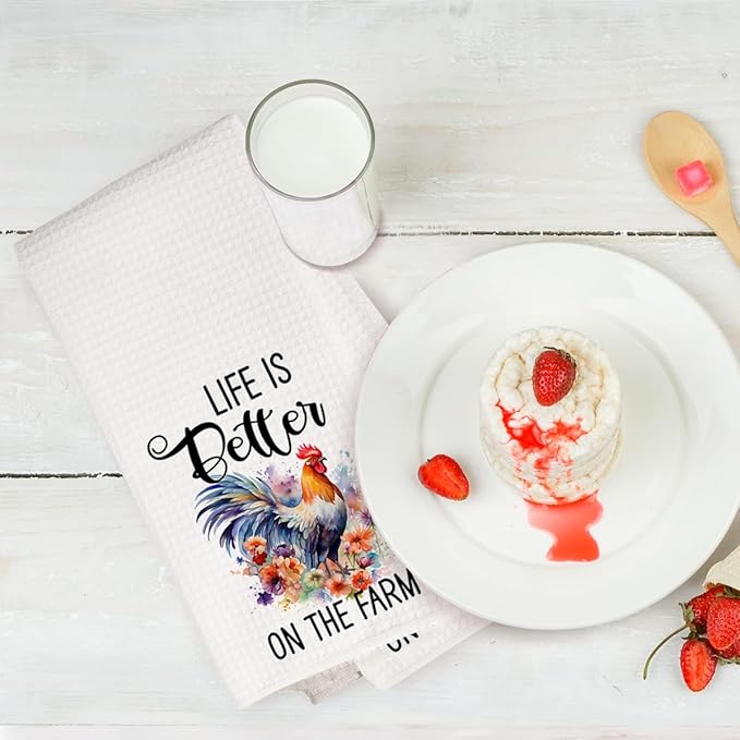 2Pcs Funny Kitchen Towels 24x14 Inch, Floral Rooster Chicken Kitchen Decor Waffle Weave Hand Towels for Farmhouse, White Absorbent Microfiber Dish Cloth Tea Towel Chicken Gifts for Women