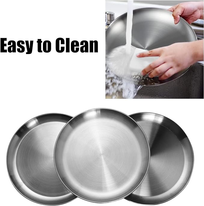 CAMBUY Stainless Steel Plates 10 inch Metal Lightweight Unbreakable Dinner Dishes Plates Set Non-Toxin Dishwasher Safe BPA Free and Healthy (4 Pcs)