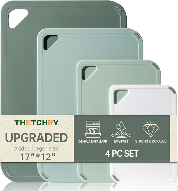THETCHRY Plastic Cutting Board Set of 4, Extra Large Cutting Board for Kitchen with Non-Slip, Large -Small Chopping Board for Cooking, Bpa Free, with Grip Handle,Green