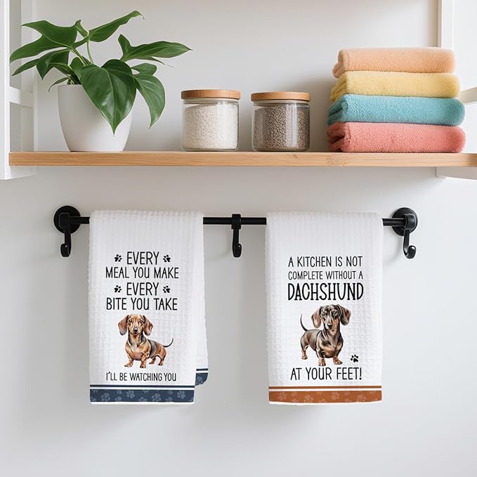 2Pcs Funny Dogs Kitchen Towels 24x14 Inch, Cute Dachshund Waffle Weave Dish Towels for Kitchen Home, White Absorbent Microfiber Hand Tea Towel, Weiner Dog Gifts for Women Dog Lovers 2