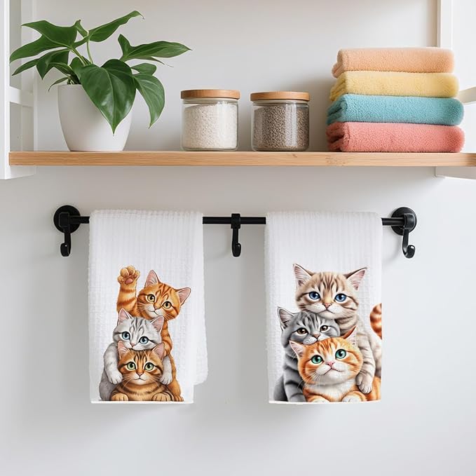 2PCS Cute Cat Kitchen Towels, Cat Themed Gifts Reusable Absorbent Waffle Weave Dish Tea Towels for Cleaning Cooking Baking, Cats Lovers Gifts for Women Microfiber Kitchen Towel, Housewarming Gift-1