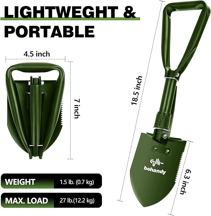 18.5" Folding Shovel, Tri-Fold Collapsible Shovel for Car, Camping Shovel, Military Entrenching Tool for Gardening, Camping, Digging Dirt, Sand, Snow, Off Road, Portable Car Emergency kit