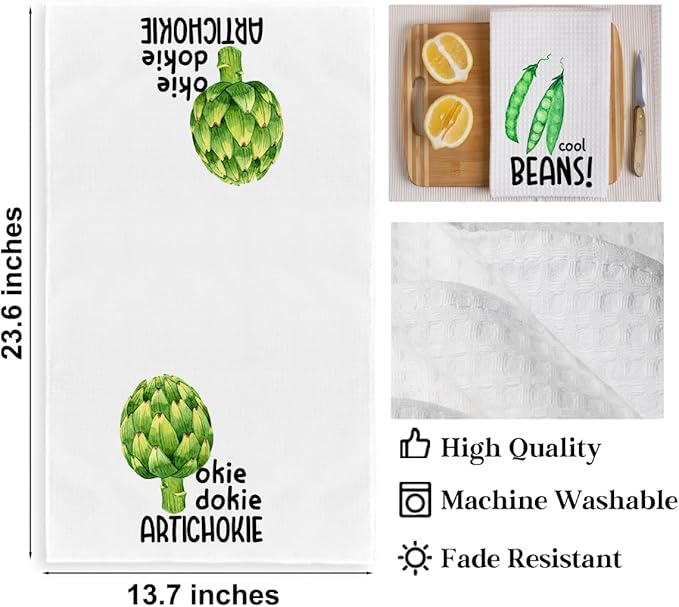2Pcs Funny Kitchen Towels, Artichoke Beans Vegetable Decor, Hostess Gifts, Dish Towel, Housewarming Gift For Her Women, Wedding Shower Gift, Waffle Weave Hand Towels