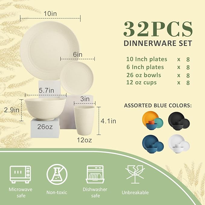 Wrova Wheat Straw Dinnerware Sets of 32,Dishwasher Safe Alternative Plastic Dishes Set Service for 8,Unbreakable Dinner Plates and Bowls Sets for Kitchen,Party,Camping,RV. Beige