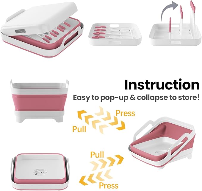 Volnamal Collapsible Wash Basin for Baby Bottles - Portable 2.4 Gallon Dish Basin with Drying Rack & Lid, Foldable RV Sink Tub for Camping, Sturdy Wash Tub for Kitchen, Camping, Outdoor Use(Pink)