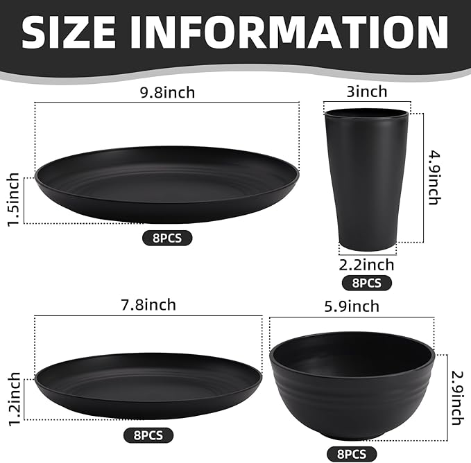 Black Plates and Bowls Sets for 8,32 Pcs Wheat Straw Dinnerware Sets Black Plastic Reusable Dishwasher Safe for Kitchen Camping,Lightweight Unbreakable Plastic Dishes Set Outdoor or Every Day Use