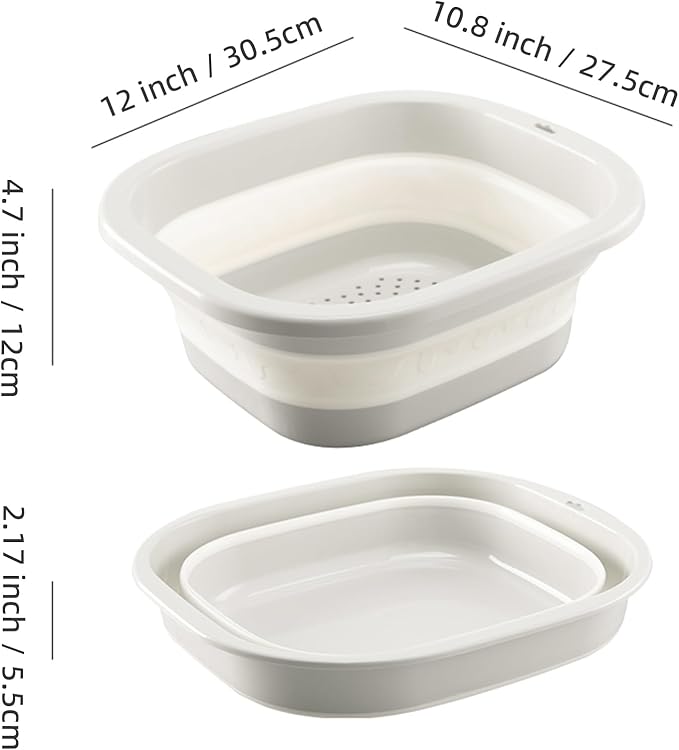 Collapsible Dish Basin with Colander, Foldable 2-in-1 Dish Pan and Strainer Set with Drain Holes, Portable Wash Basin for Kitchen Sink, Camping, Travel & RV (Grey)