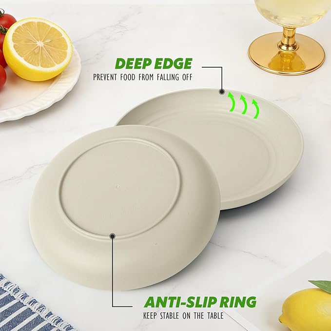 Wheat Straw Plates 6-Piece Set, 10 Inch Unbreakable Deep Dinner Plates, Reusable Plastic Plates Microwave and Dishwasher Safe BPA-Free for Family, Daily Use, LightGrey