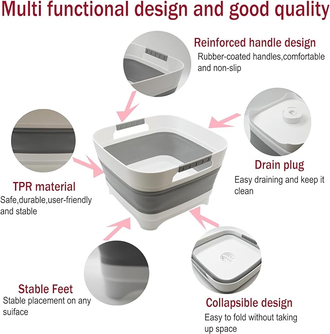 2.9 Gal(11L) Collapsible Wash Basin with Drain Plug, Space Saving Multiuse Foldable Sink Tub,Dishpan,RV camping sink,Vegetable Washing basin,Ice Beverage Tubs,Laundry & Kitchen Use