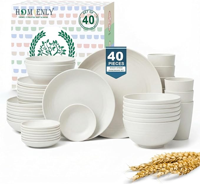 Homienly 40 PCS Kitchen Dinnerware Sets, Wheat Straw Plates and Bowls Sets, Unbreakable Dishes Set for Camping, Picnic, Microwave and Dishwasher Safe, Plates, Bowls, Cups, Service for 8 (White)