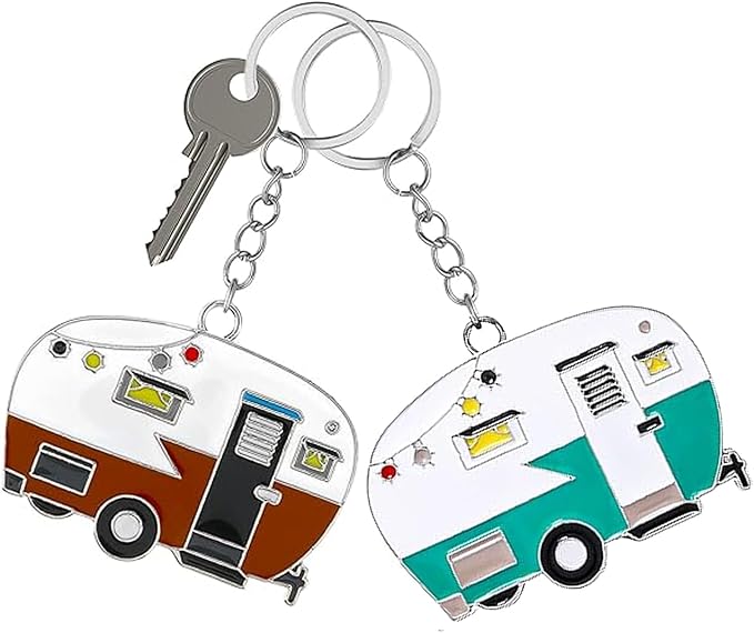 2 Pack Camper Keychain Set Happy RV Camper Keyring Couples Camping Accessories for Men Women Travel Trailers
