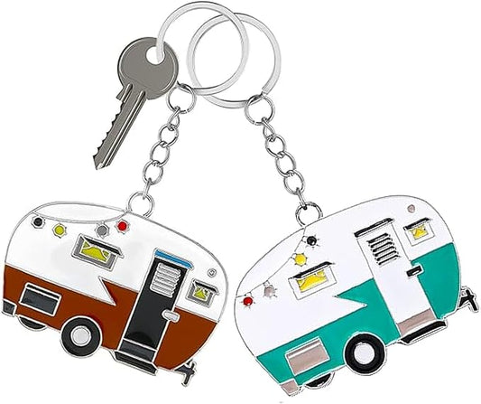 2 Pack Camper Keychain Set Happy RV Camper Keyring Couples Camping Accessories for Men Women Travel Trailers