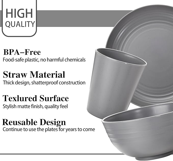 LIYH 28 Pcs Dark Grey Plates and Bowls Dinnerware Sets, Dish Set for 4, Unbreakable Reusable Plate, Wheat Straw Plates and Bowls Apply to Kitchen & Camping