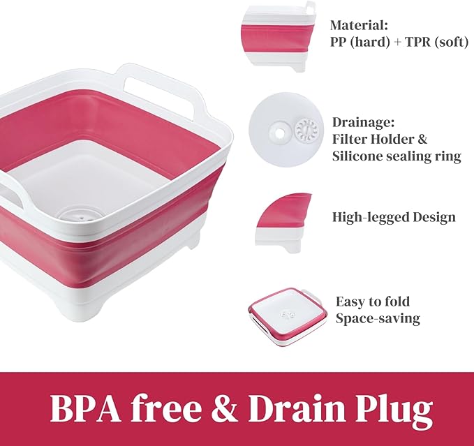 GIMWA Collapsible Wash Basin for Baby Bottles - 2.4 Gallons Portable Dish Basin for RV Camping Sink, Space-Saving Dish Tub For Bottle Washing (Viva Magenta)