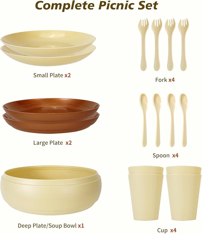 Camping Dishes Picnic Set, Camping Plates Cups and Bowls Set with Spoons and Forks, BPA Free, 17PCS Camping Mess Kit, Plastic Reusable Cutlery Set for 4, Portable Small Size, Not Microwave Safe