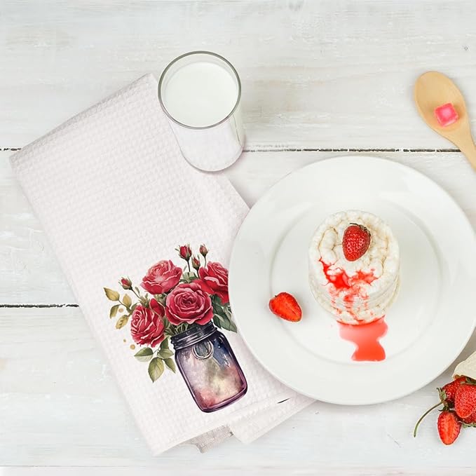 2PCS Watercolor Rose Kitchen Towels, Flower Vase Glass Waffle Weave Dish Tea Hand Towels for Home, Dinner Party, Wedding Gift, Home Decor, Housewarming Farmhouse Gifts for Women Friend