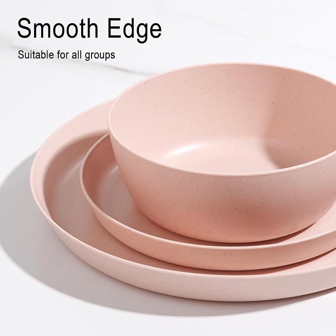 EI 12pcs Pink Wheat Straw Plates,Wheat Straw Dinnerware Set for 4,Plates and Bowls Sets,Plastic Plate Reusable,Unbreakable Plastic Plate Melamine,Camping Family Dishes Set
