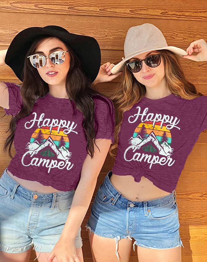 Happy Camp T-Shirt Women Hiking Mountain Adventure Novelty Workout Funny Saying Cute Graphic Athletic Shirt