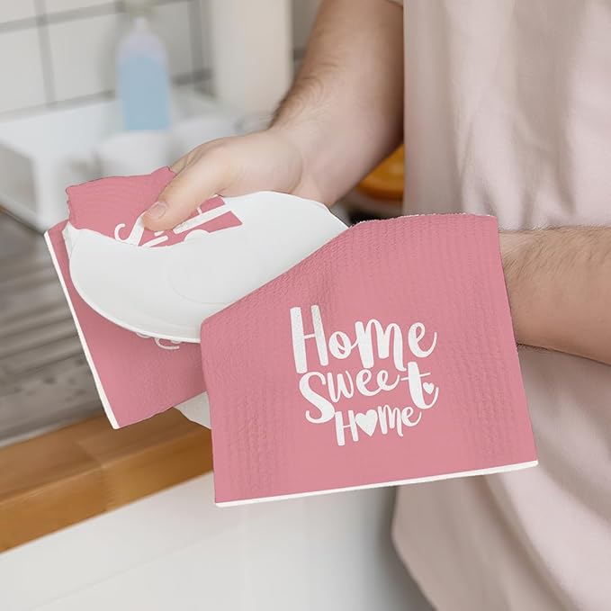 2PCS Pink Heart Love Home Sweet Home Valentine's Kitchen Towels, Valentines Day Decor for Couples, Reusable Absorbent Waffle Weave Dish Tea Towels for Cleaning Cooking, Microfiber Kitchen Towel