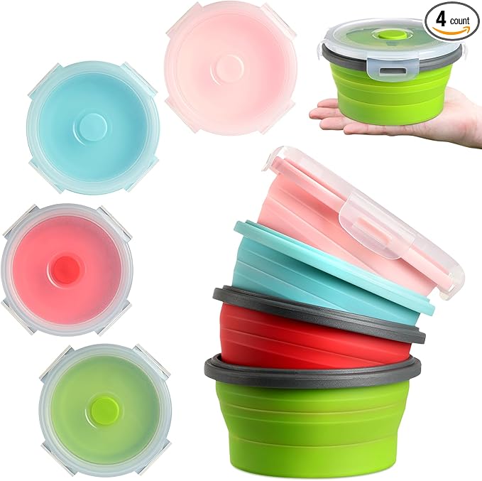 Suclain 4 Pcs Collapsible Bowls with Lids Silicone Camping Food Storage Container Expandable Folding Salad Lunch Box Travel Container for Hiking Camping