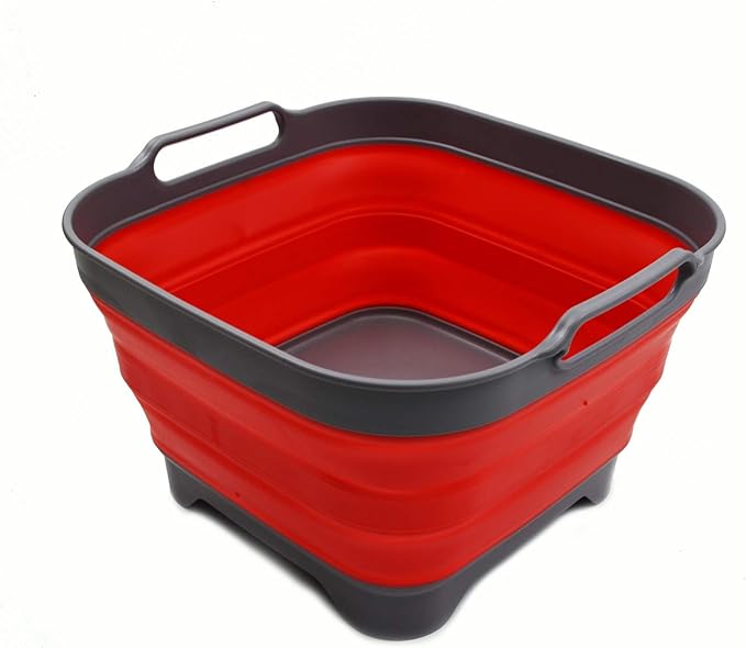 SAMMART 10L (2.64 Gallon) Collapsible Dishpan with Draining Plug - Foldable Washing Basin - Portable Dish Washing Tub - Space Saving Kitchen Storage Tray (1, Grey/Red)