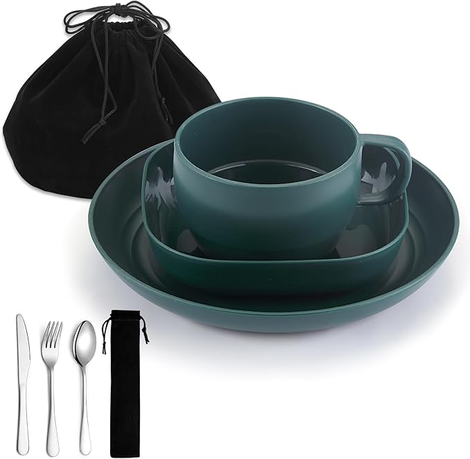 Camping Utensils Set, ReaNea Camping Plates and Bowls Set with Coffee Mug, Travel Cutlery Set Include Spoon, Fork, Knife for Home, Poolside, Outdoor, Picnic, Camp