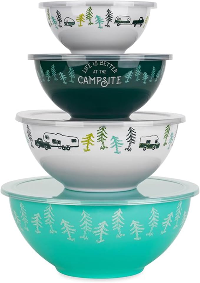Camco Nesting Bowl Set with Lids - Features Life is Better at The Campsite Design - Camping Dishware Set Includes 4 Durable Melamine Bowls with 4 Plastic Lids - Camping Kitchen Essentials(53451)