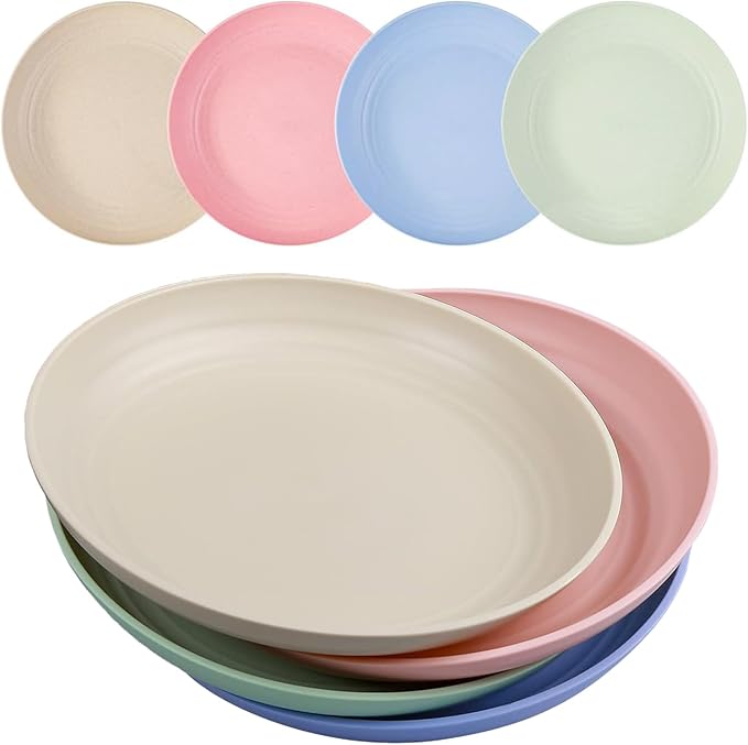 Wheat Straw Plates, Unbreakable Dinner Plates Set of 4, 8 Inch Plastic Plates Reusable, Dishwasher & Microwave Safe, Lightweight Salad Plates for Camping/Kitchen