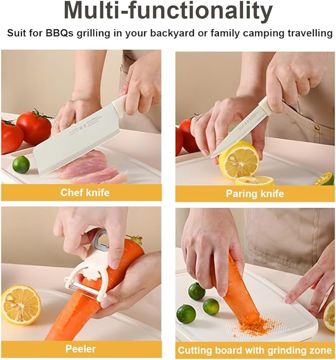 5 in 1 Mini Knife and Cutting Board Set, Small Cutting Board Camping Cutting Board Cutting Board Scissors, Smart Cutting Board and Knife Set, Dorm Kitchen Essentials Travel Knife Set (Wheaten)
