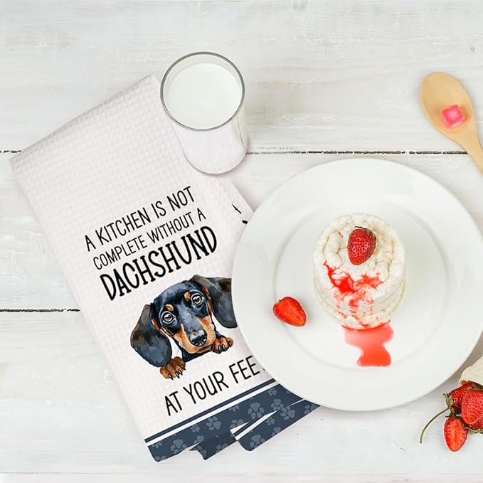 2Pcs Funny Dachshund Kitchen Dish Towels Set, Dachshund Gifts Waffle Weave Kitchen Towels, Wiener Dog Decorative Hand Tea Towels for Bathroom Kitchens, Wiener Dog Gifts for Women