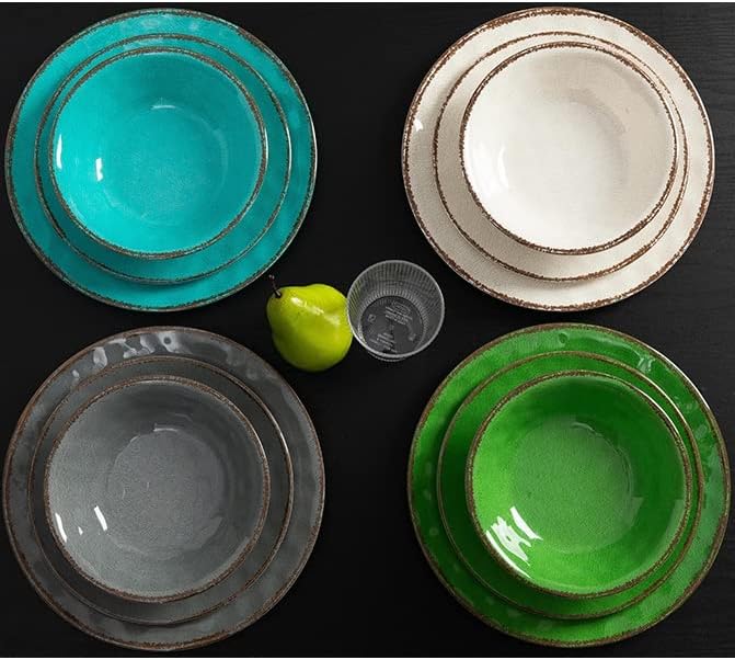 LEHAHA Vintage Crackle Melamine Dinnerware Sets, 12 Piece Plates and Bowls Sets, Great for Camping, RV. Durable and Chip Resistant Farmhouse Dishes Set, Service for 4(Green)