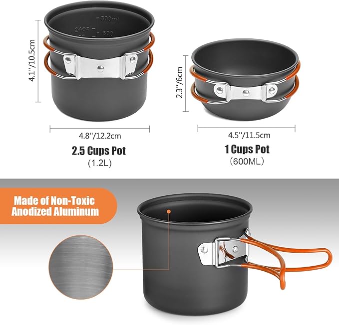 Odoland 8pcs Camping Cookware Mess Kit, Camping Pot and Pan Set with Mini Backpacking Stove, Stainless Steel Cup, Spork and Tank Bracket, Cooking Gear for Outdoor, Hiking, Picnic, Campfire