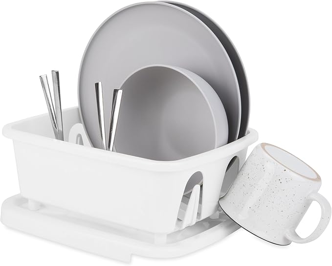 Camco RV Mini Dish Drainer & Tray - Features a Sloped Drain Tray Design, Heavy-Duty Construction - Ideal for Small Spaces, Apartments, Boats, and More -9.5" L x 11.7" W x 4.75" H - White (43511)
