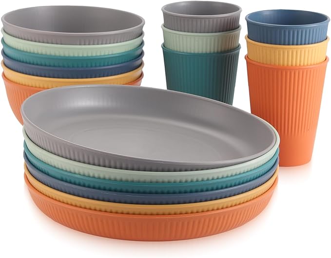 Anbte Plastic Plates and Bowls Sets, 18pcs Unbreakable Dinnerware Set for 6, Lightweight Reusable Dishes Set Microwave & Dishwasher Safe Modern Dinner Set, for Kitchen Outdoor Travel Camping Picnic