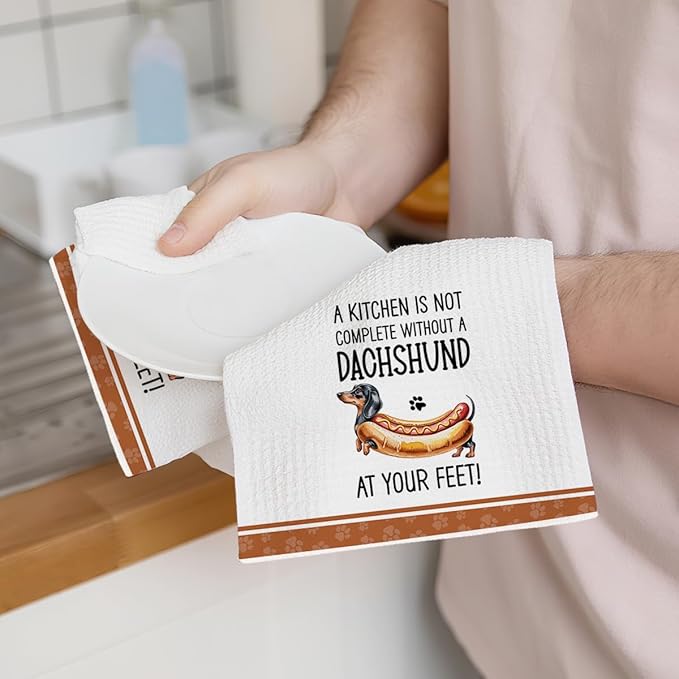 2Pcs Funny Dogs Kitchen Towels 24x14 Inch, Cute Dachshund Waffle Weave Dish Towels for Kitchen Home, White Absorbent Microfiber Hand Tea Towel, Weiner Dog Gifts for Women Dog Lovers 1